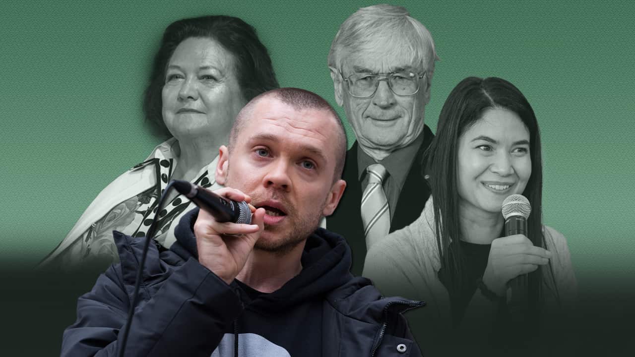 Graphic illustration featuring UK inequality campaigner Gary Stevenson in the foreground, with Gina Rinehart, Dick Smith and Melanie Perkins in the background