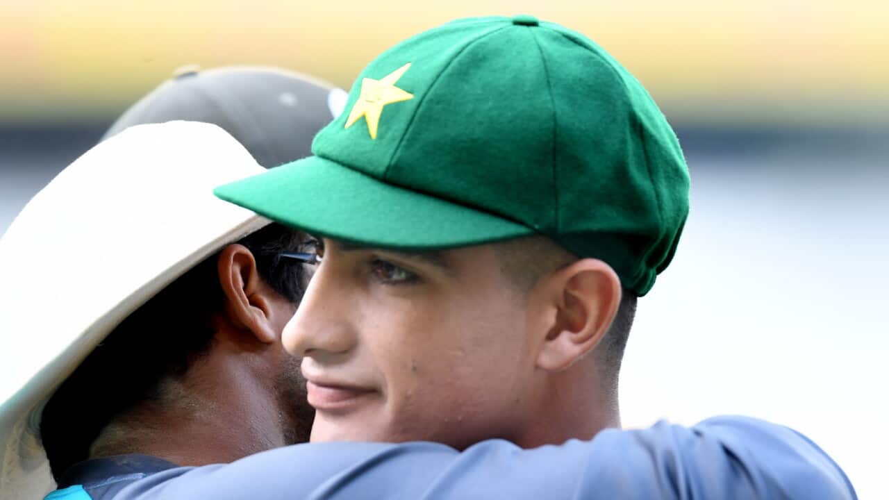Pakistan debutant, 16 year old Naseem Shah, is congratulated after receiving his Test Cap