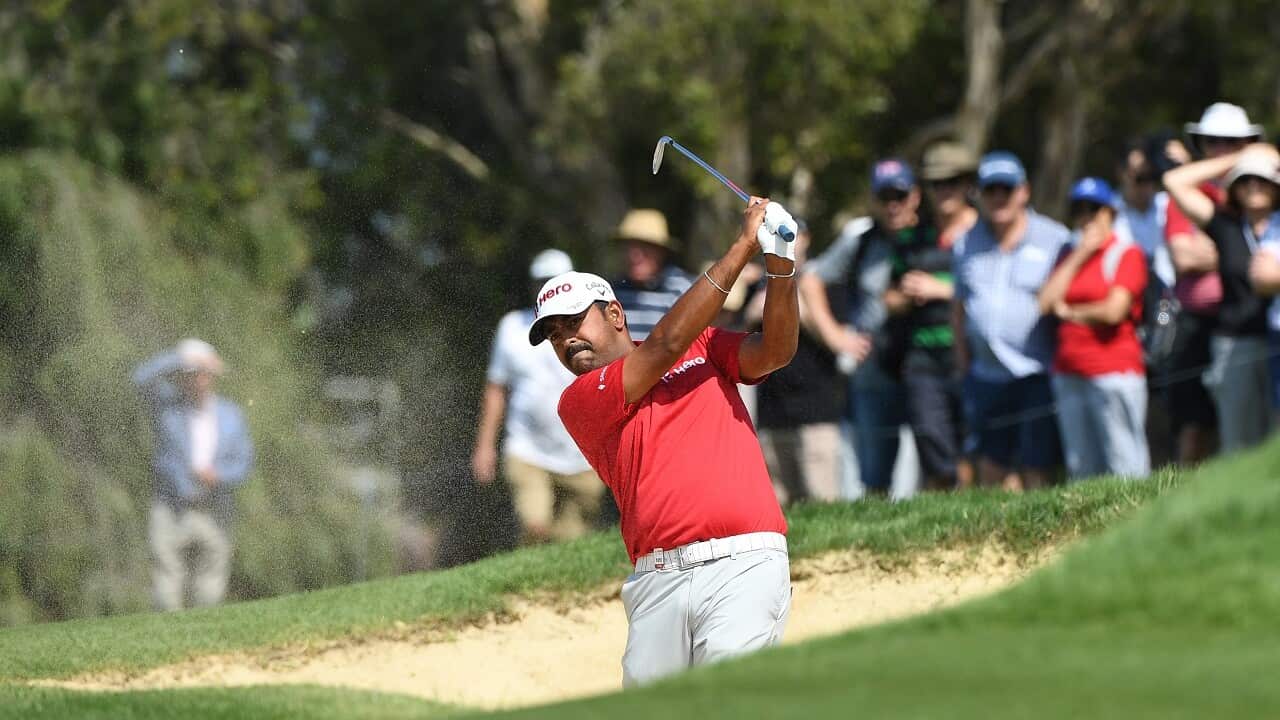 Anirban Lahiri of India takes a shot on the 3rd during round 1 of the Australian Open Golf Tournament at The Lakes Golf Club in Sydney, Thursday, November 15, 2018.