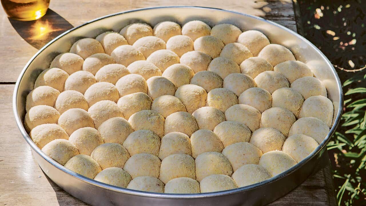 Balls of dough sit in a large round pan, sitting on an outdoor wooden table.