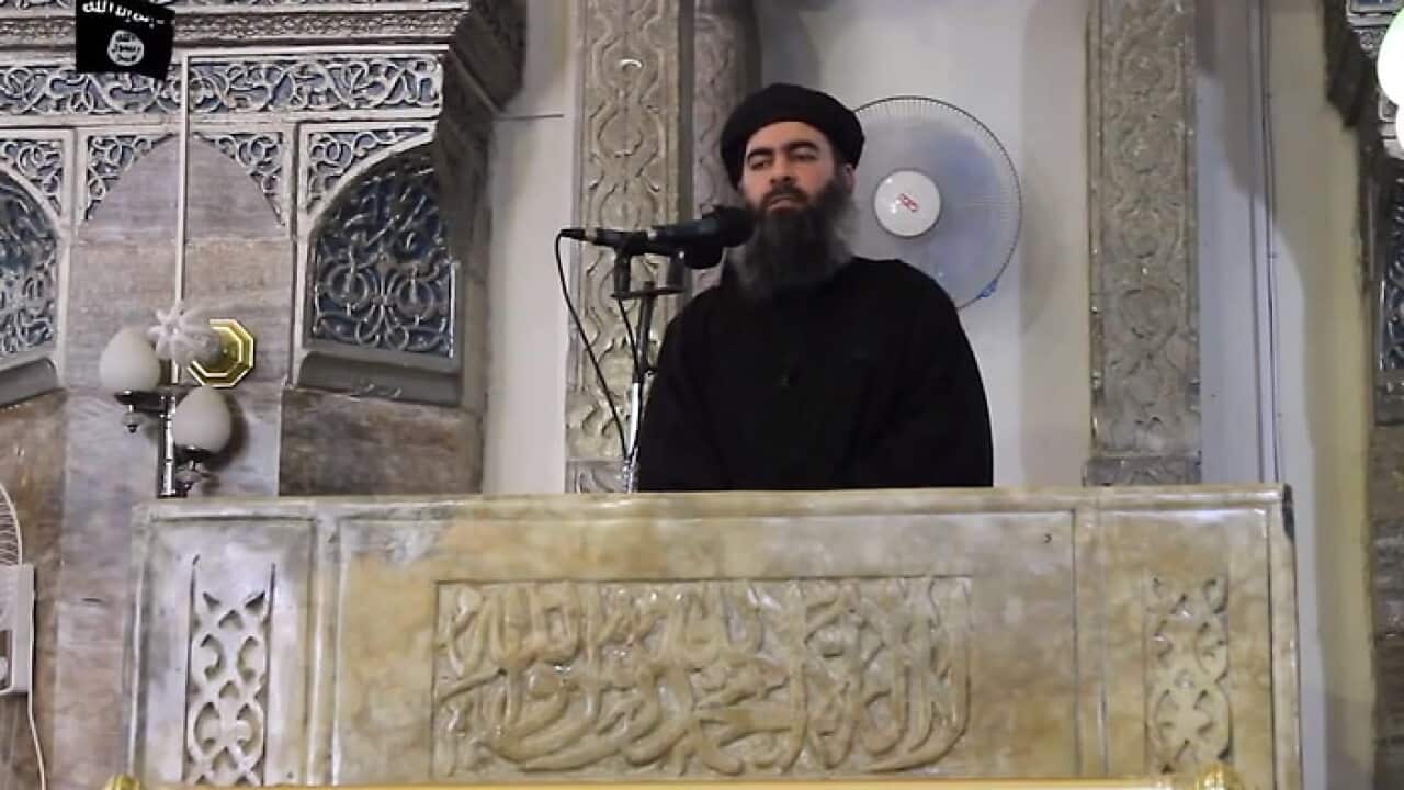 Abu Bakr Al-Baghdadi delivering a Friday sermon in the main mosque of Mosul, Iraq, on July 4, 2014.
