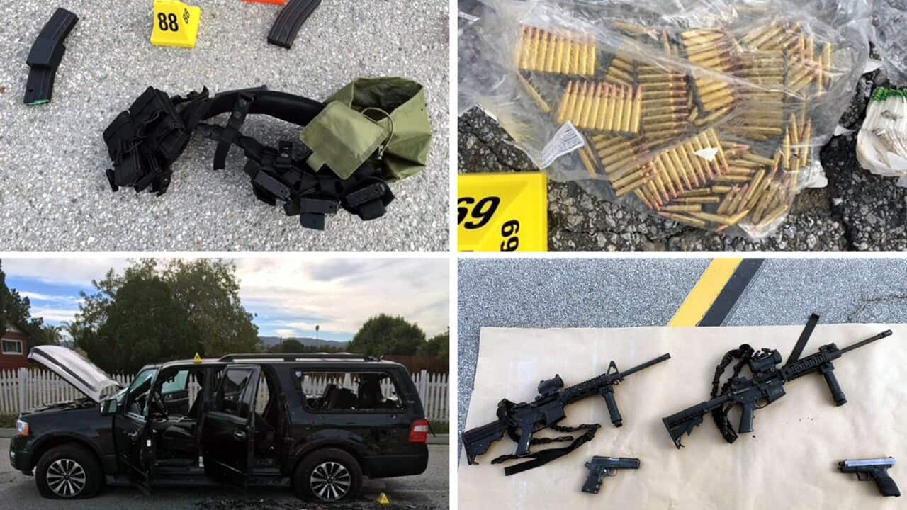 Weapons and ammunition carried by suspects involved in a mass shooting in San Bernardino, California