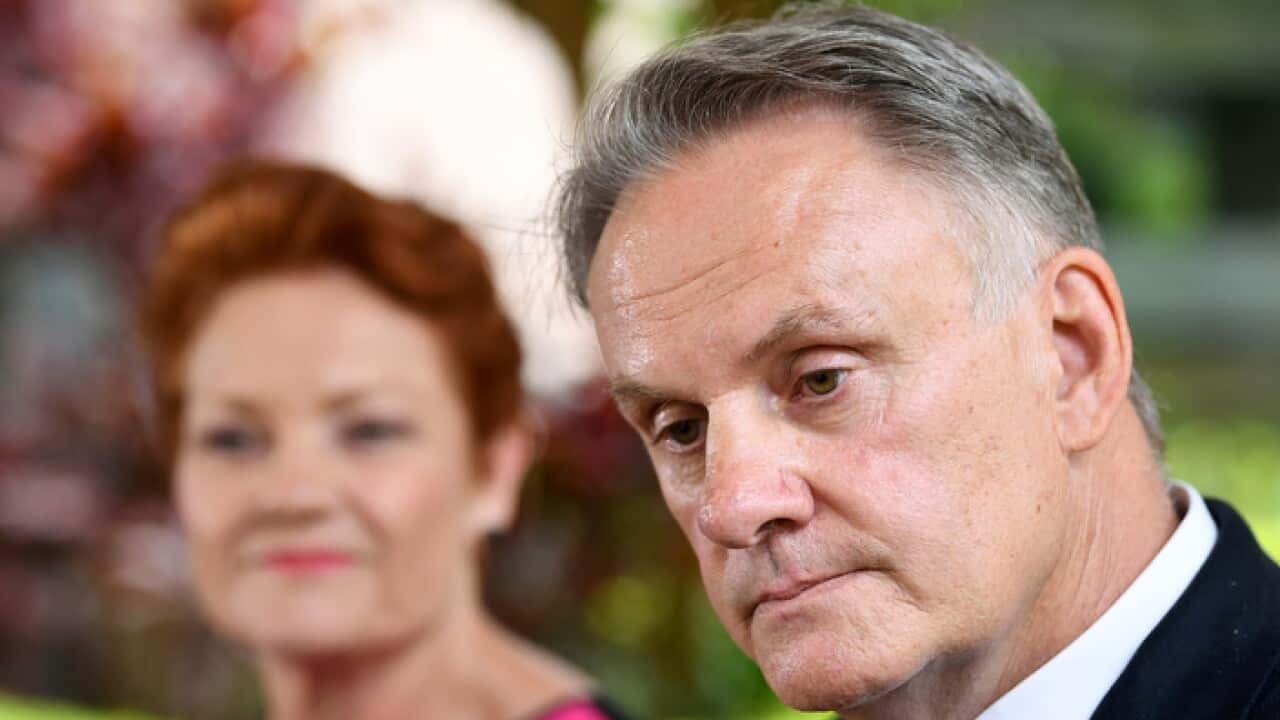 One Nation's Mark Latham, right, and Pauline Hanson