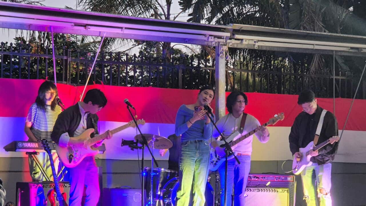 A student band showcasing their musical talent at the 2024 PPIA Alun-Alun event at the Indonesian Consulate General of the Republic of Indonesia in Melbourne.