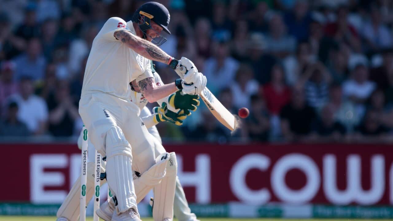 England's Ben Stokes hits Australia's Nathan Lyon for 6