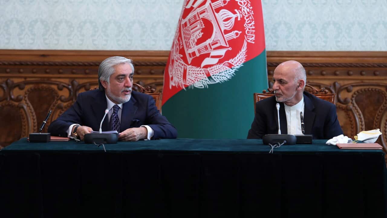 Afghanistan's President Ashraf Ghani (right) and Abdullah Abdullah, the second most voted in the September 2019's elections (AAP)