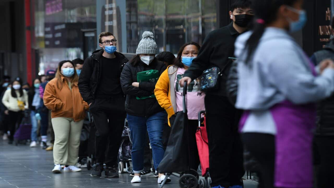 People waiting in a line at the Foodbank pop-up store in Melbourne on 29 September, 2021.