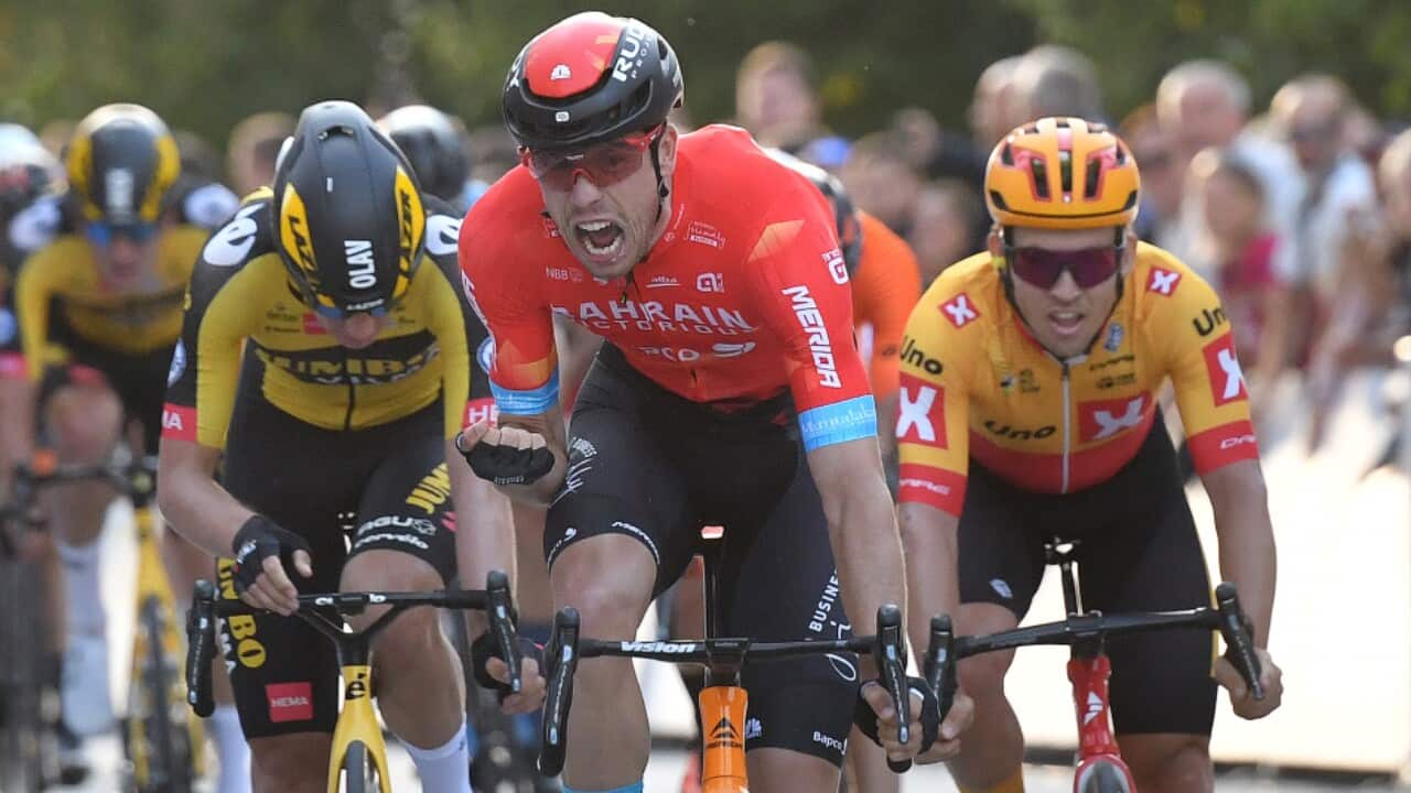 Phil Bauhaus of Team Bahrain Victorious celebrates as he crosses the line in the first stage of the CRO Race