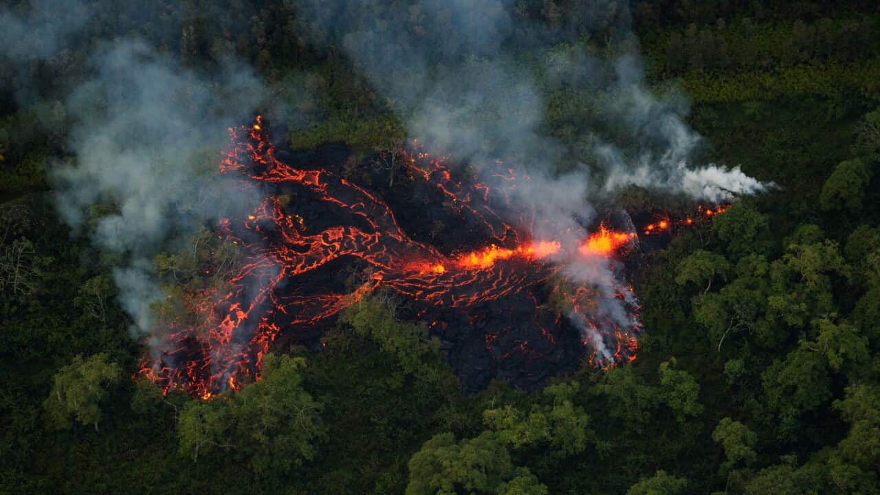 Volcanic activity continues, as a new fissure erupts in a field roughly 1/2 mile east of the Puna Geothermal Venture facility, Hawaii, USA, 12 May