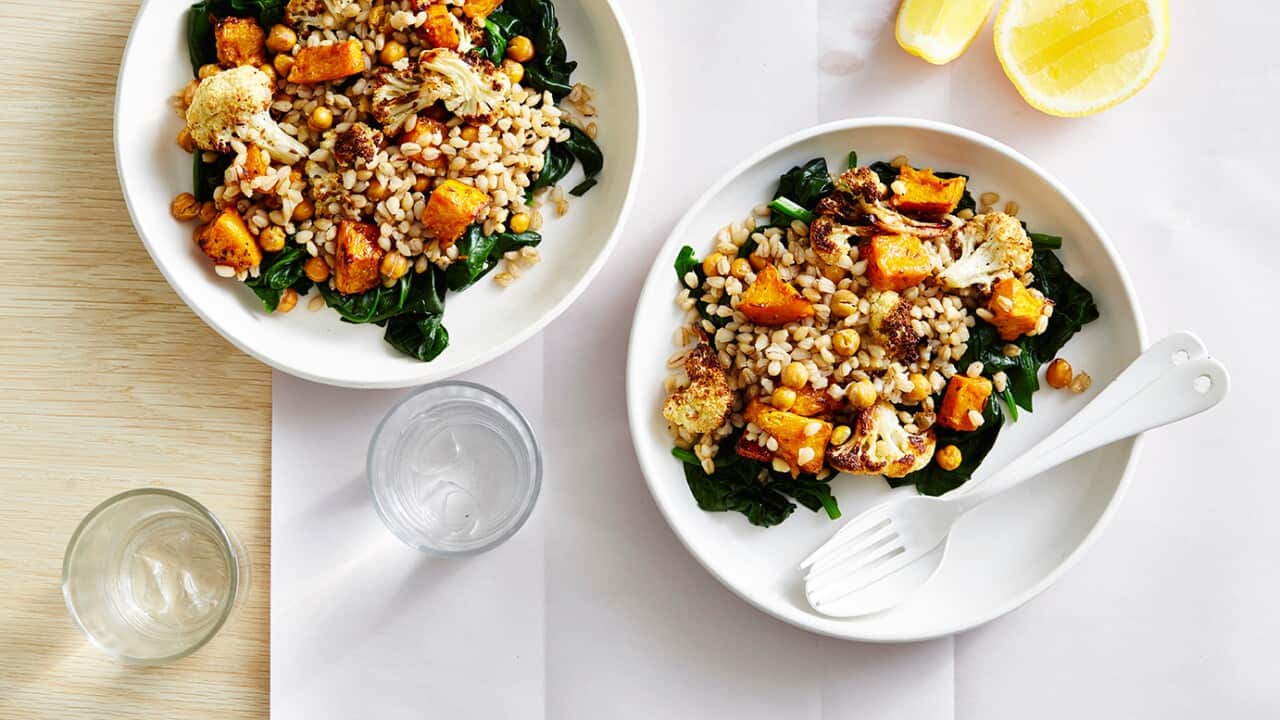 Pearled barley, blistered cauliflower and chickpeas