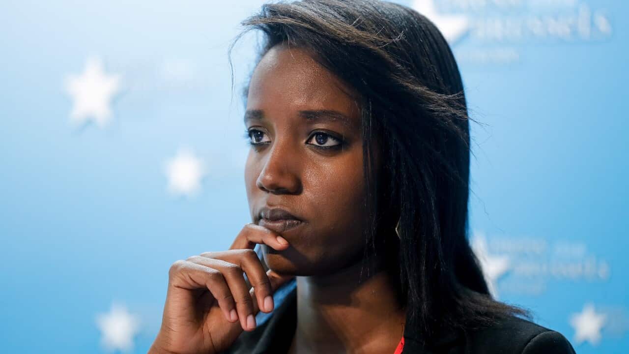 Carine Kanimba, daughter Paul Rusesabagina gives a press conference regarding his trial and verdict at the Press Club, in Brussels, Belgium on 21 Sept 2021.