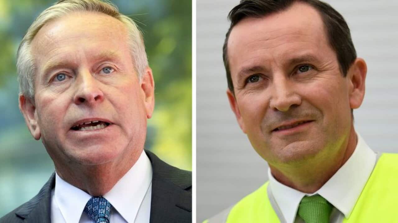 A comparison diptych shows West Australian Premier Colin Barnett (left) and West Australian Opposition Leader Mark McGowan (right)