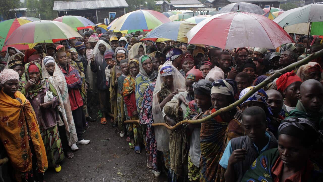 Internally displaced Congolese men and women wait for a World Food Program energy biscuits to be distributed in Kibati, north of Goma, eastern Congo.
