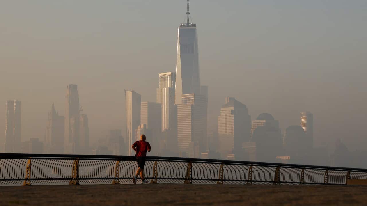 Haze shrouds the skyline of lower Manhattan and One World Trade Center (Getty)