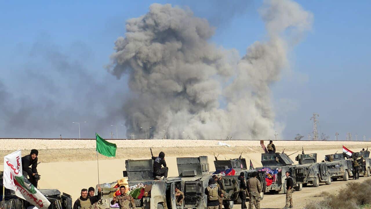 Iraqi pro-government forces stand next to armored vehicles as they take position in al-Aramil area, south of the Anbar province's capital Ramadi, during military operations on December 22, 2015.