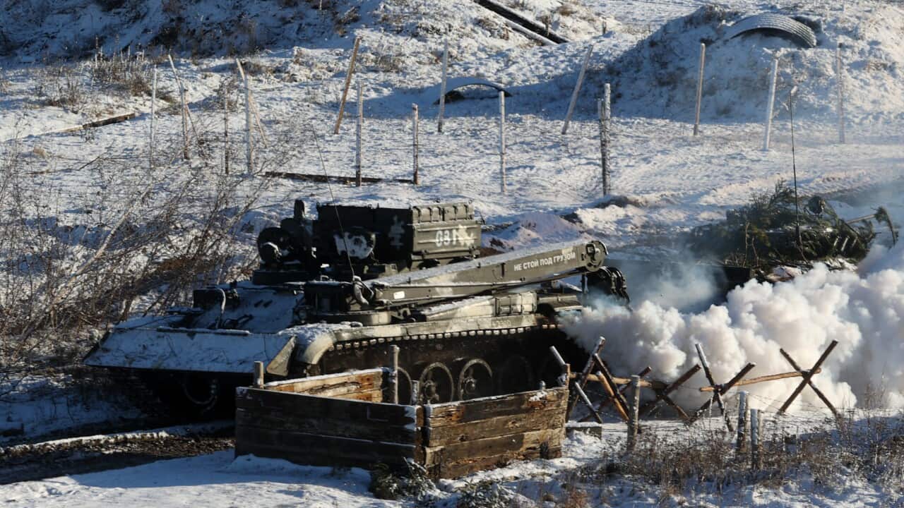 Joint military drills held by Belarusian and Russian troops on 12 February, 2022, at the Gozhsky range in Belarus, a country neighbouring Ukraine