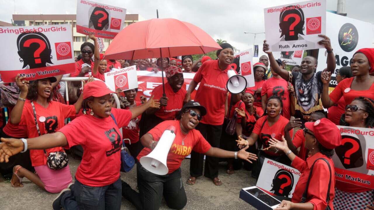 Bring back our girls campaigners chant slogans calling on the government to rescue the remaining kidnapped girls