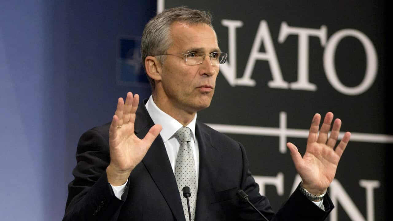 NATO Secretary General Jens Stoltenberg speaks during a media conference at NATO headquarters in Brussels on Tuesday, Oct. 6, 2015. (AP Photo/Virginia Mayo)