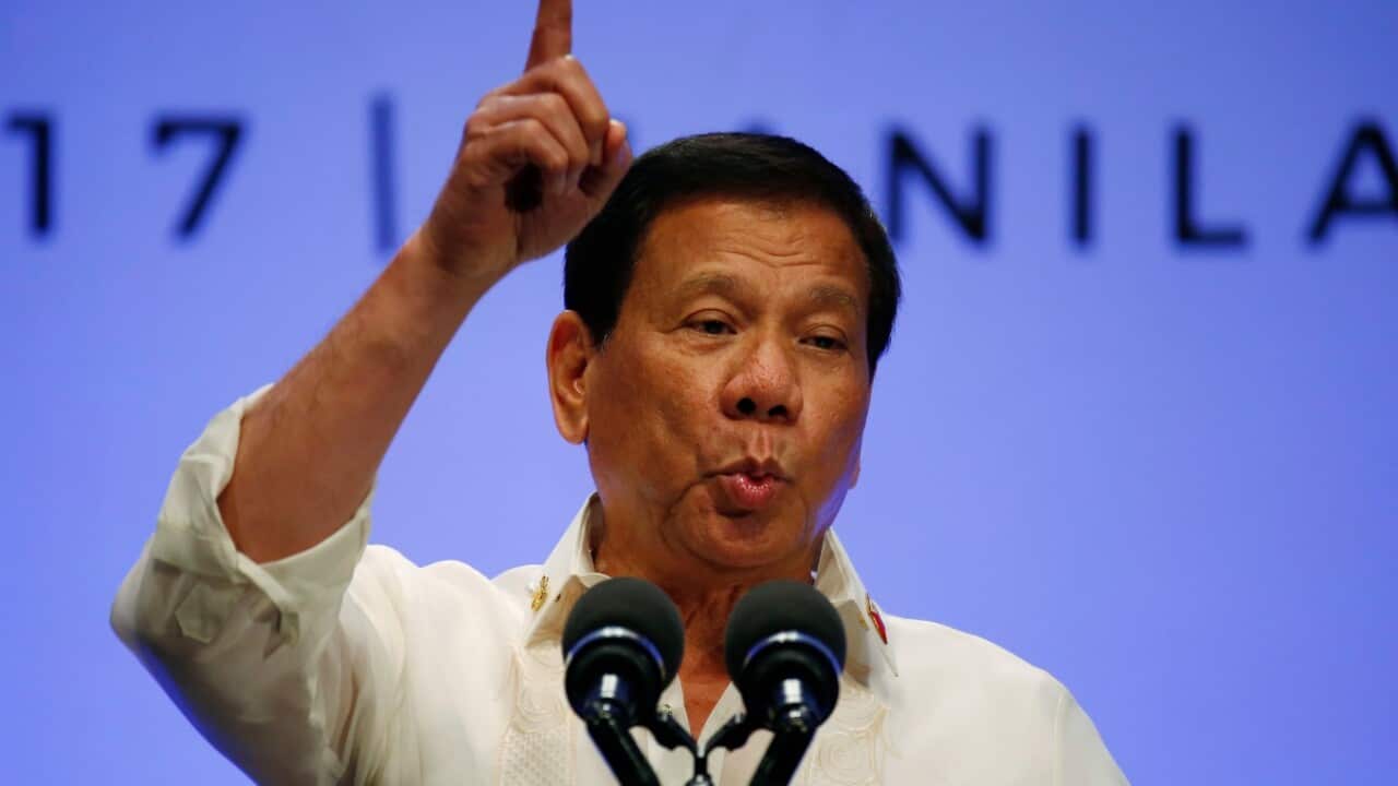 In this April 29, 2017 file photo, Philippines President Rodrigo Duterte gestures while addressing the media