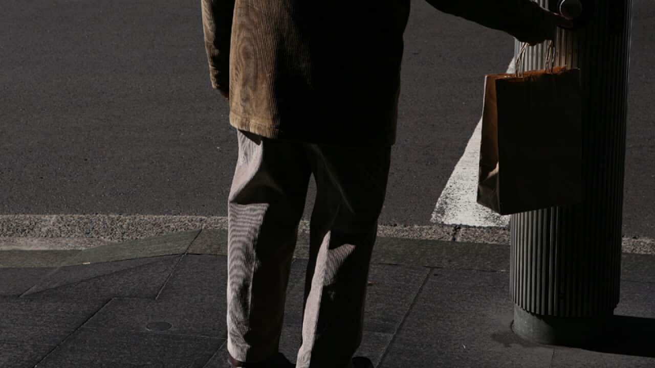 An elderly man waits at traffic lights on George Street