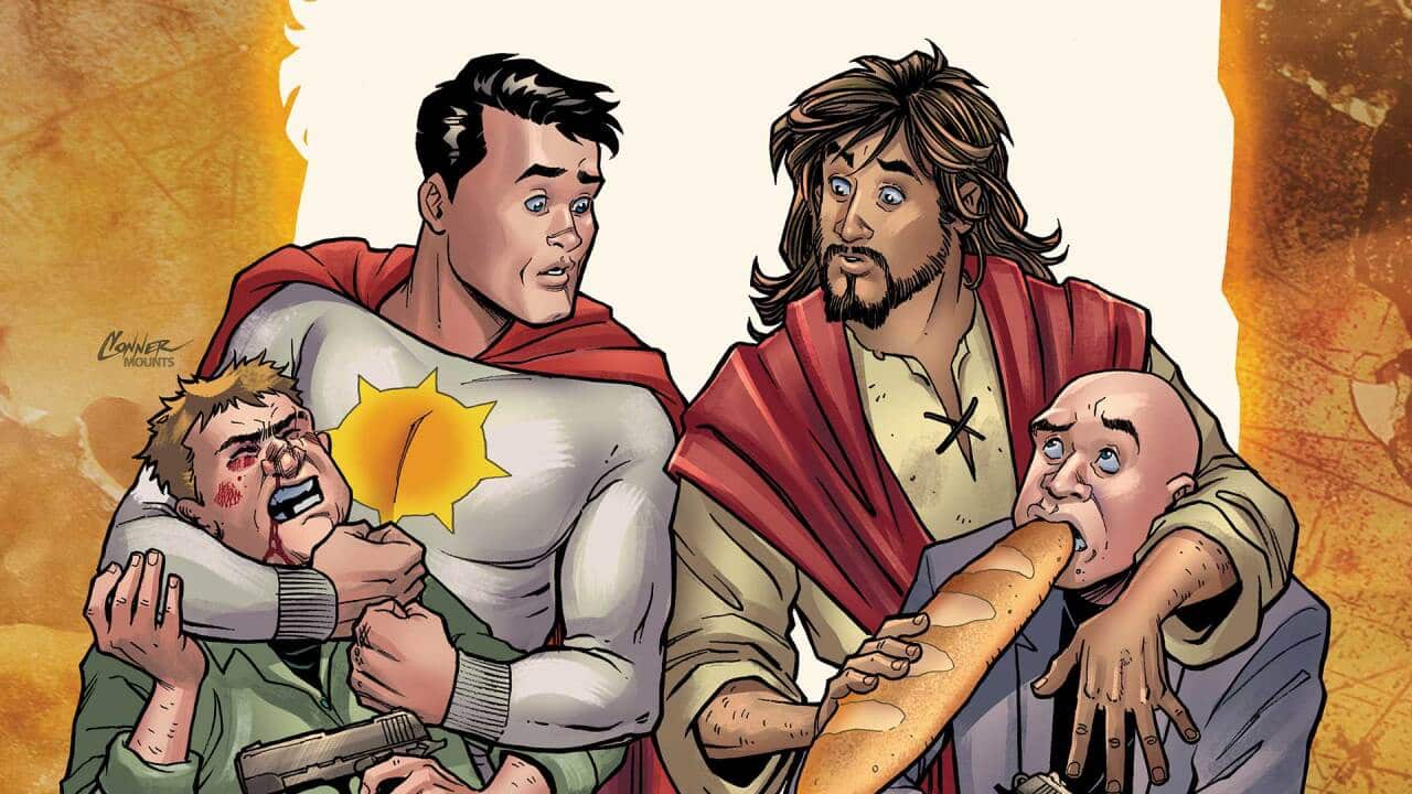 Sun-Man and Jesus Christ in artwork for the comic.