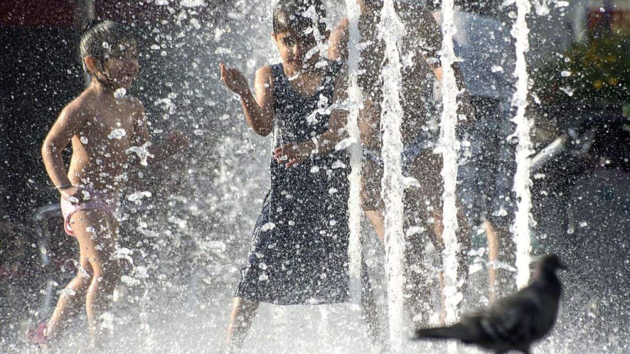 Children cool down in a fountain