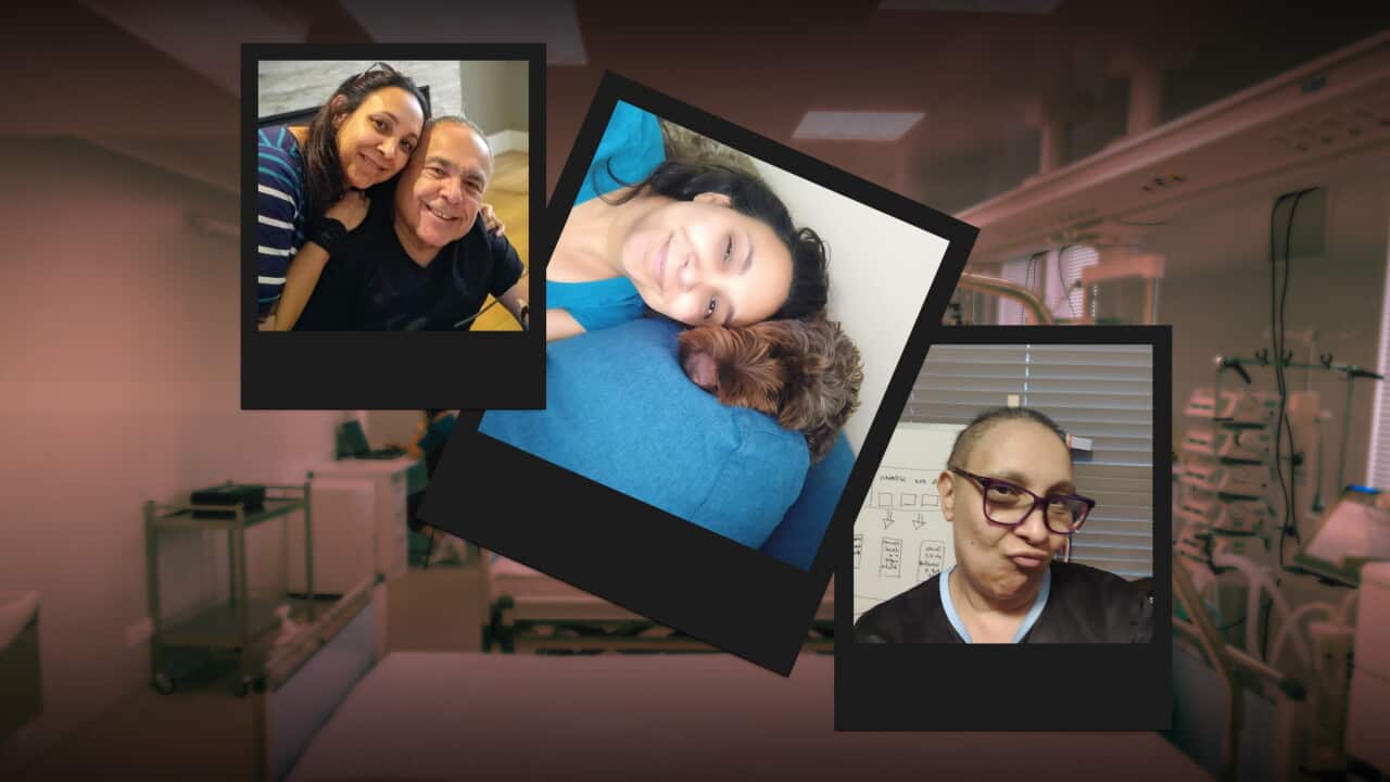 A collage of three personal photos over a blurred hospital-room background. The photos show two people posing together, a person lying on a blue cushion beside a small brown dog, and a person wearing glasses seated indoors.
