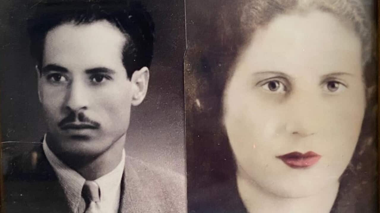 Carmen's parents when young in black and white portaits