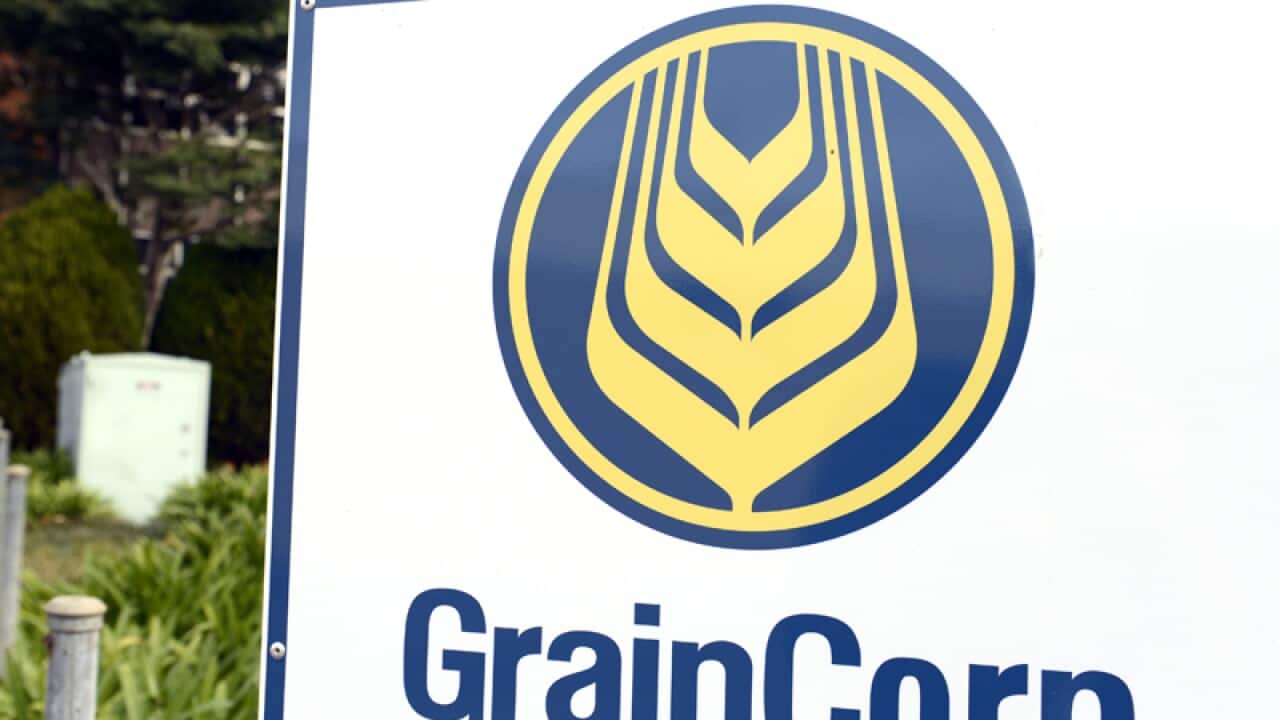 A sign bearing the GrainCorp logo in Toowoomba