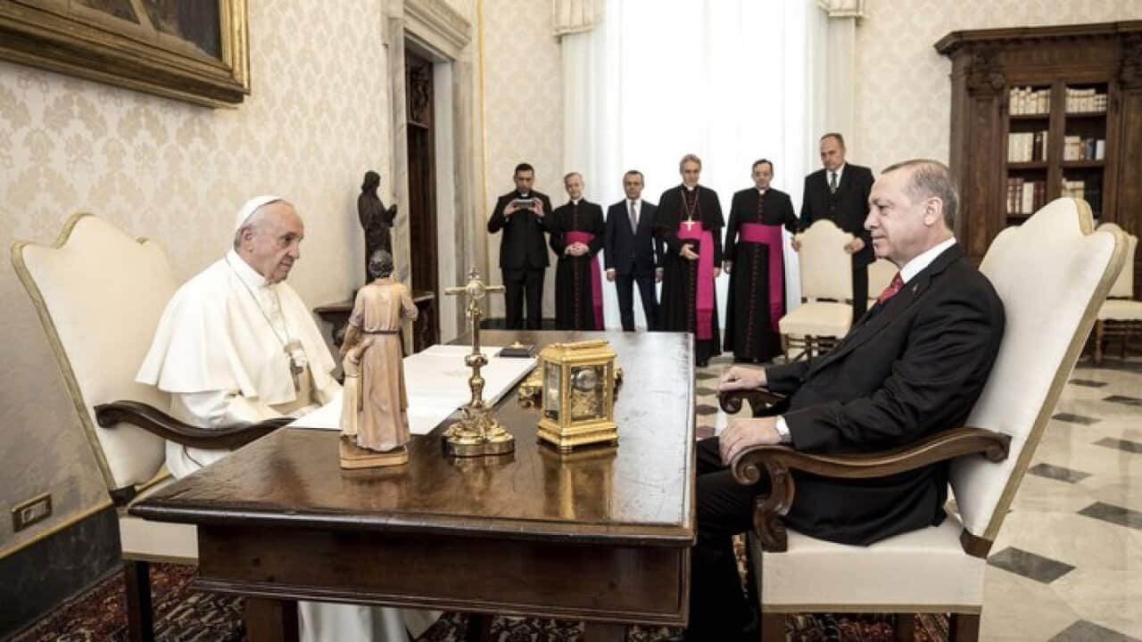 Pope Francis meets with Turkey's President Recep Tayyip Erdogan at the Vatican on February 5, 2018