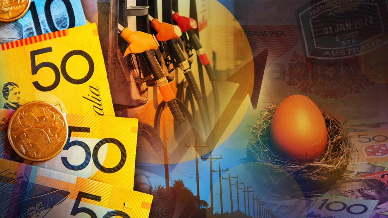 A composite graphic showing money, power lines and a passport stamp.