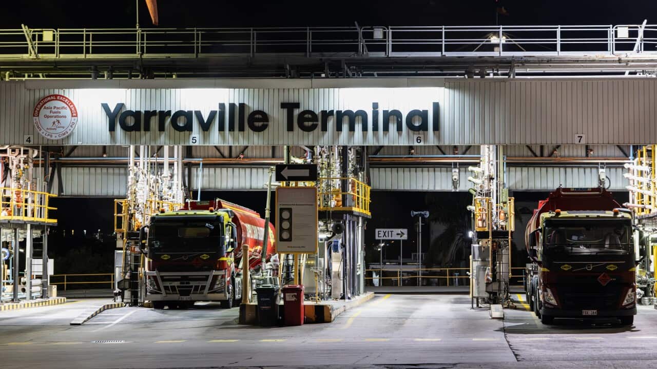 Trucks waiting at the Mobil Oil Yarraville Terminal (AAP)