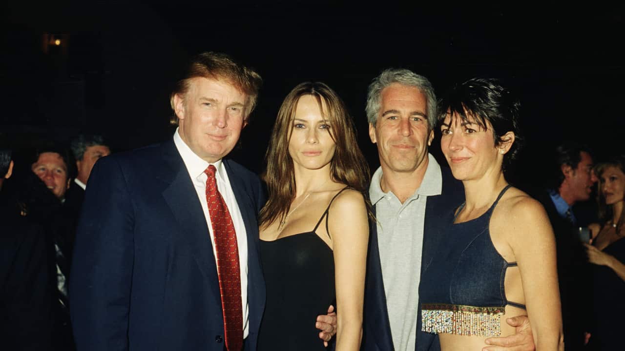 Donald Trump, Melania Trump, Jeffrey Epstein and Ghislaine Maxwell posing together for a photo at a party.