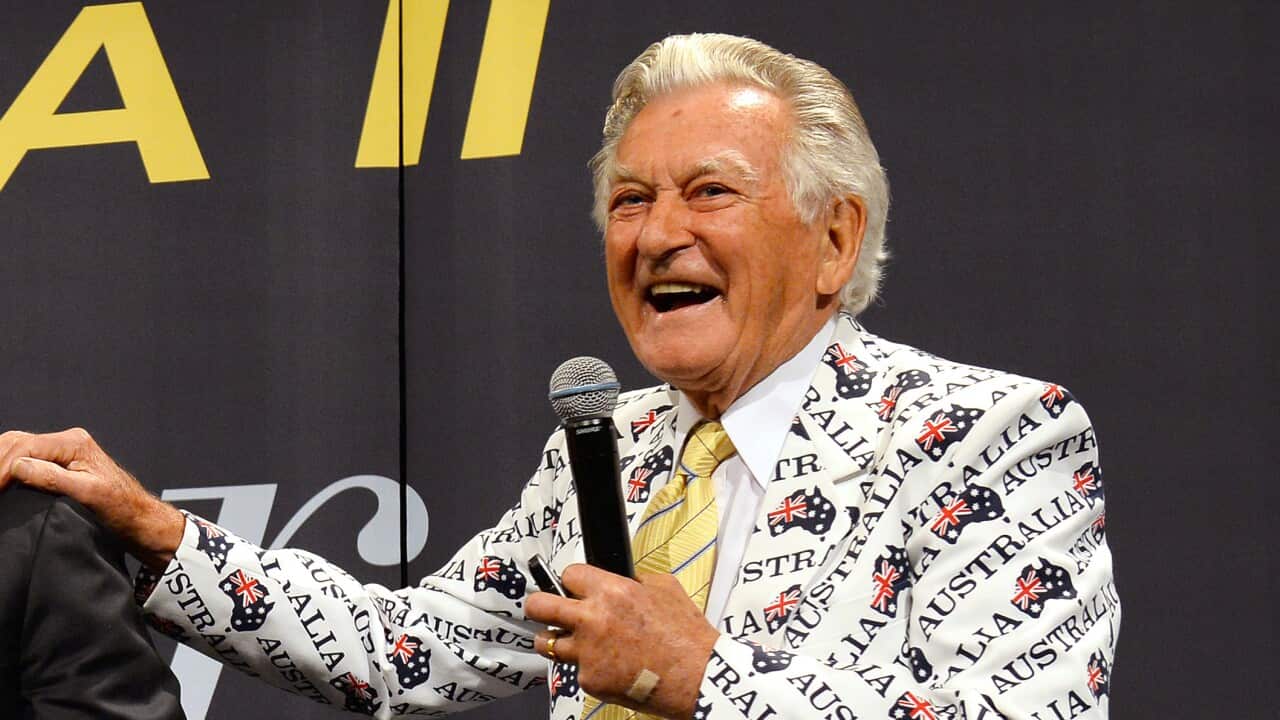 Bob Hawke wearing his famous America's Cup victory jacket
