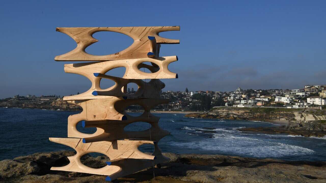 Sculpture Filter by Maurizio Perron is exhibited along the Bondi to Tamarama Coastal walk during the 2019 Sculpture by the Sea exhibition in Sydney,