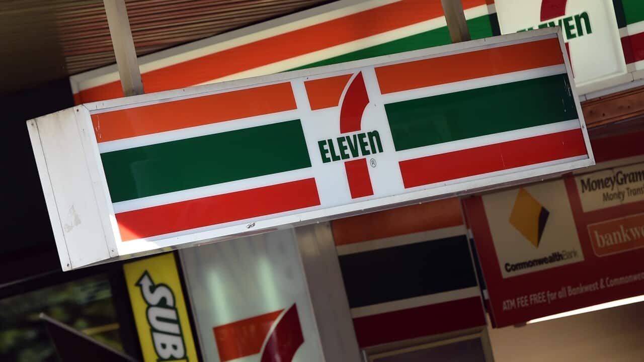 7-Eleven corporate signage is seen in Melbourne, Monday, Aug. 31, 2015. A joint Fairfax-Four Corners investigation found up to two-thirds of 7-Eleven stores could be underpaying workers. (AAP Image/Julian Smith) NO ARCHIVING