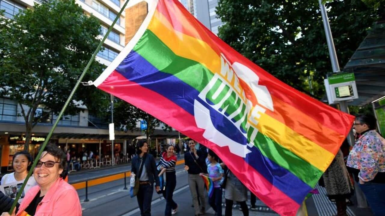 Marriage equality campaigners protest.