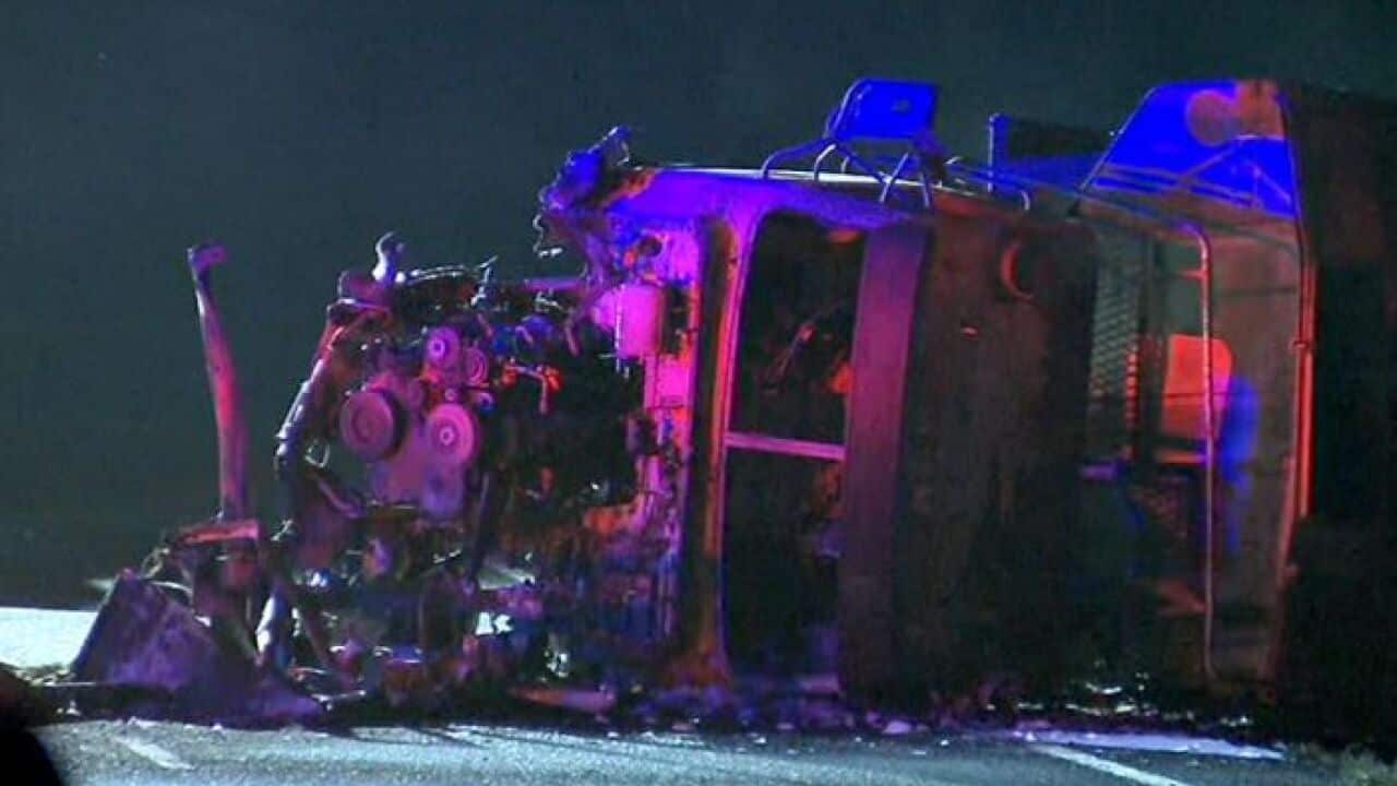 Both vehicles burst into flames after colliding on the Bunya Highway. (ABC News)