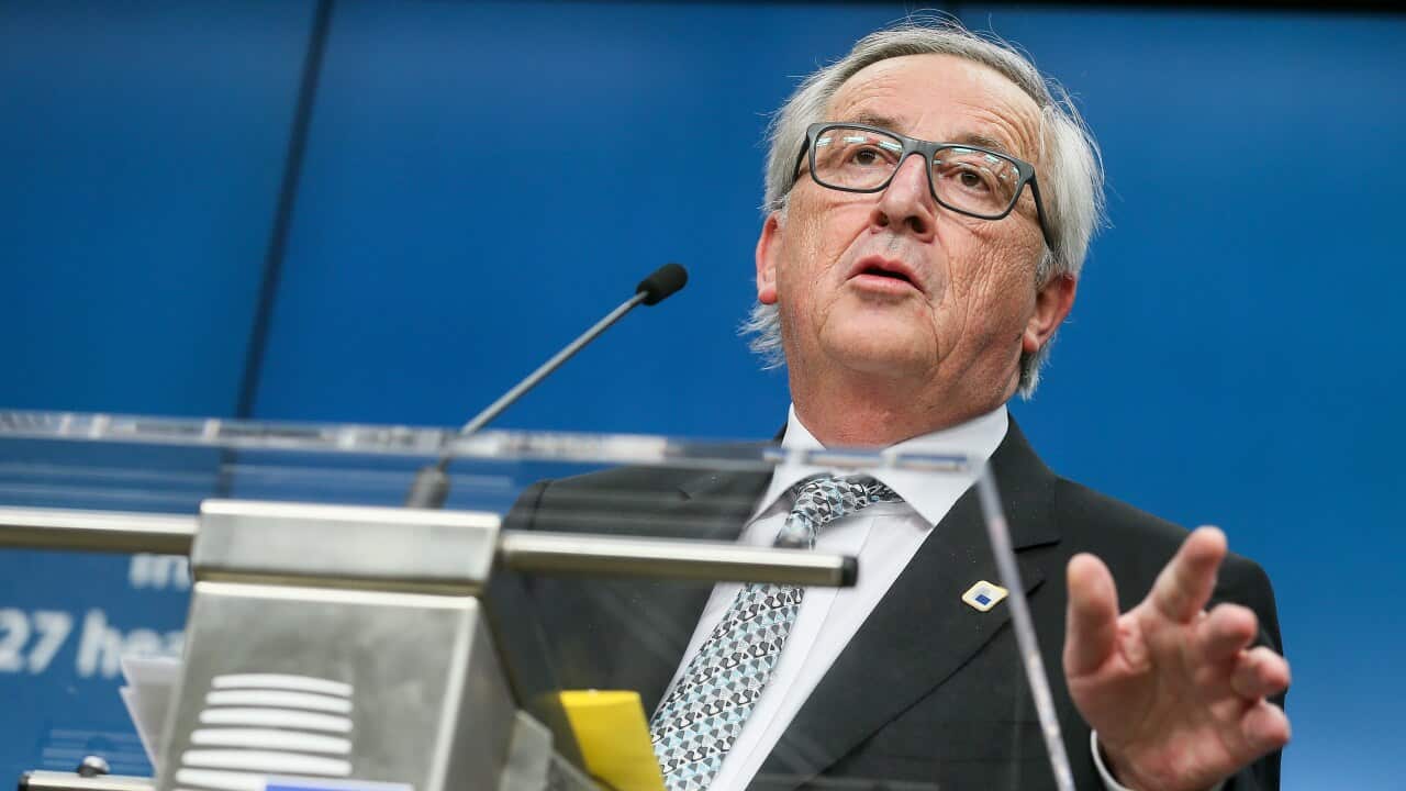 EU Commission President Jean-Claude Juncker gives a media statement after the meeting of the 27 European Heads of States and Governments in Brussels, Feb 2018.