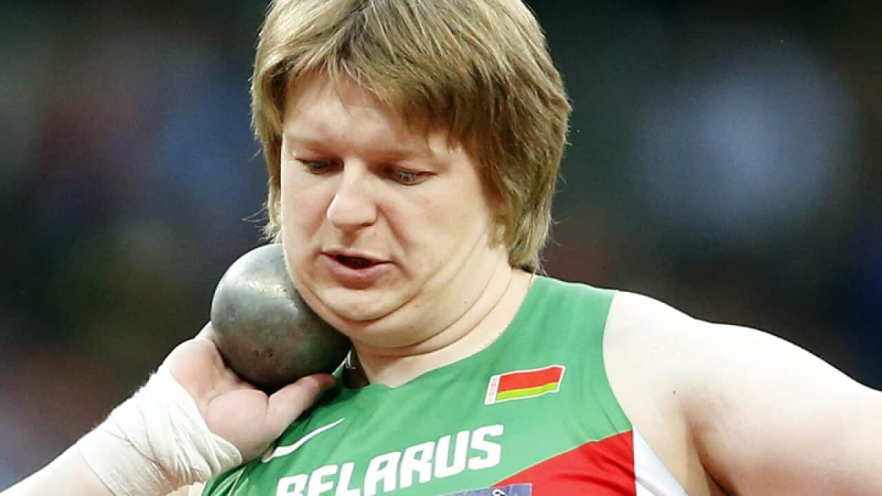 London Olympics shot put drug cheat Nadzeya Ostapchuk in action