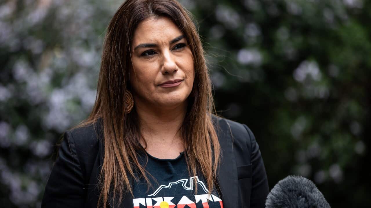 Greens Senator for Victoria Lidia Thorpe speaks to the media