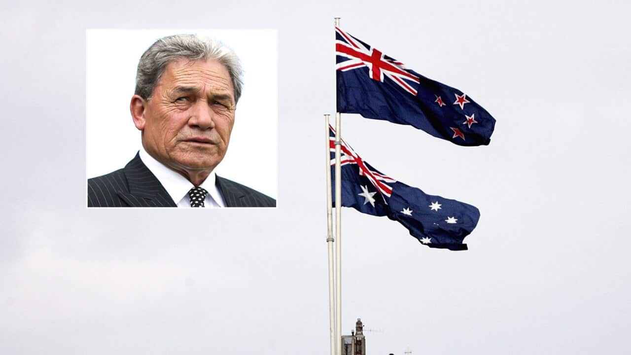 New Zealand's acting PM Winston Peters alongside the Australian and NZ flags.