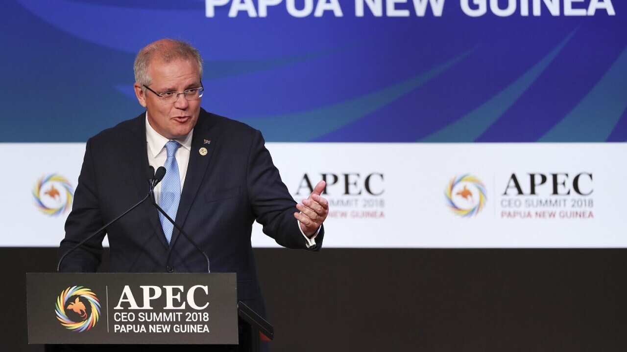 Prime Minister of Australia Scott Morrison delivers his speech at the APEC CEO Summit 2018.