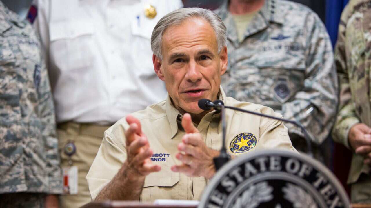 Texas Governor Greg Abbott delivers a briefing to the public on Hurricane Harvey at the Texas Department of Public Safety building on September 1, 2017.