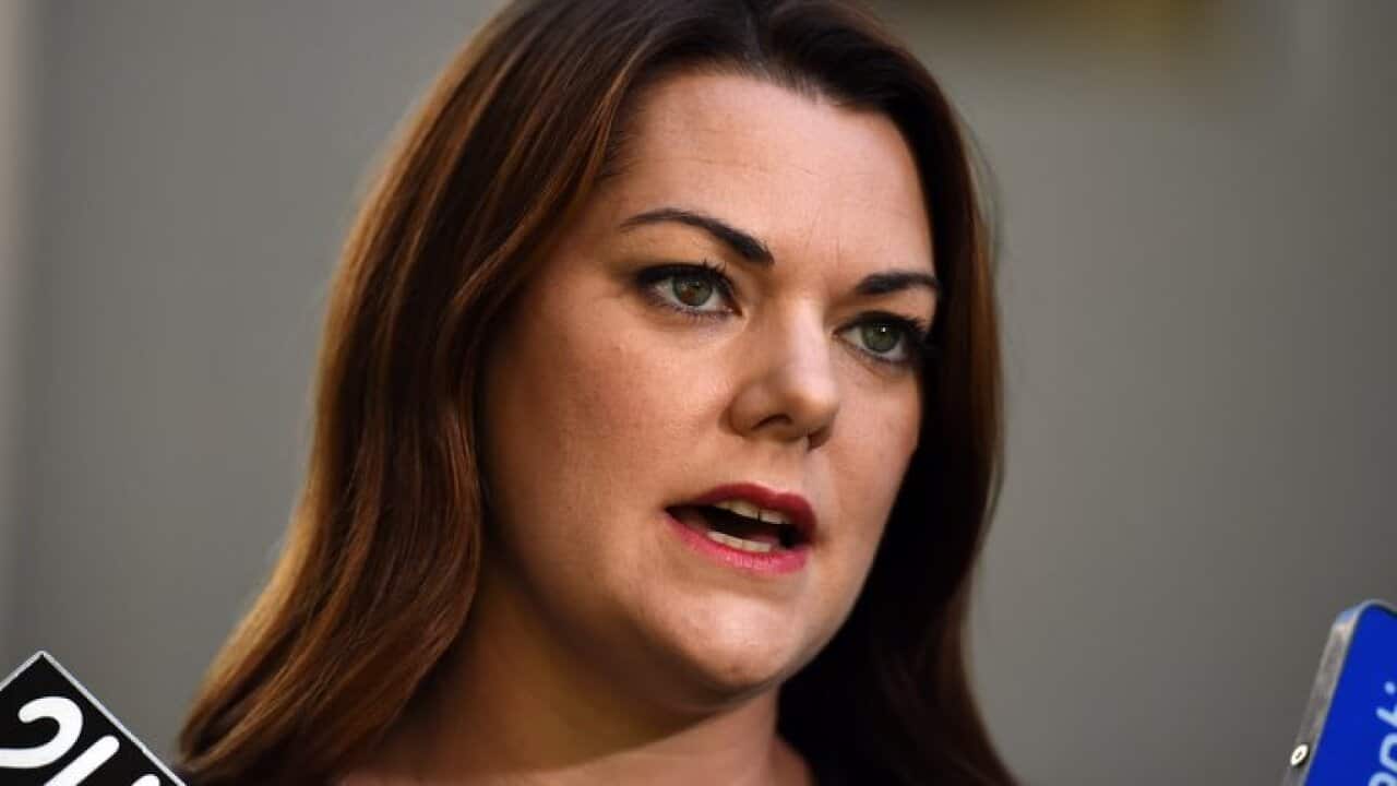 Greens Senator Sarah Hanson-Young speaks at a press conference at Parliament House in Canberra