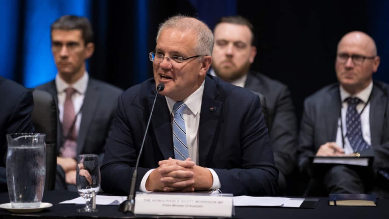 Prime Minister Scott Morrison delivers his introductory remarks during the Council of Australian Governments (COAG) meeting at the Cairns Convention Centre in Cairns, North Queensland, Friday, August 9, 2019. (AAP Image/Marc McCormack) NO ARCHIVING