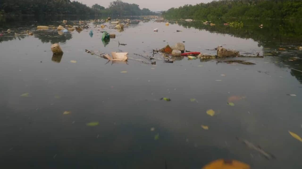Plastic waste in a river in Malaysia