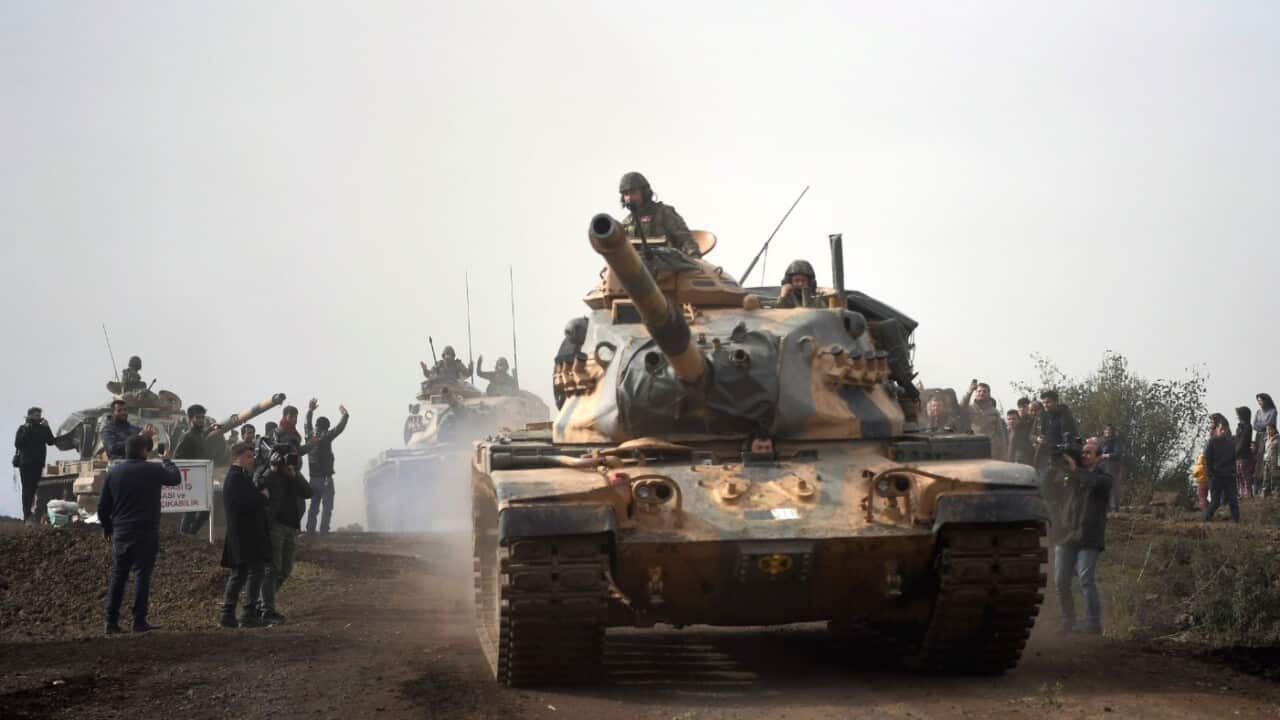 Turkish army tanks enter Afrin, an enclave in northern Syria controlled by U.S.-allied Kurdish fighters, in Hassa, Hatay
