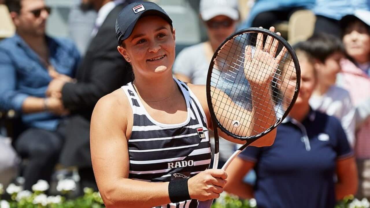 Ashleigh Barty acknowledges the fans after winning in her ladies singles quarter-final match against Madison Keys (USA) at the 2019 French Open at Roland Garros, France