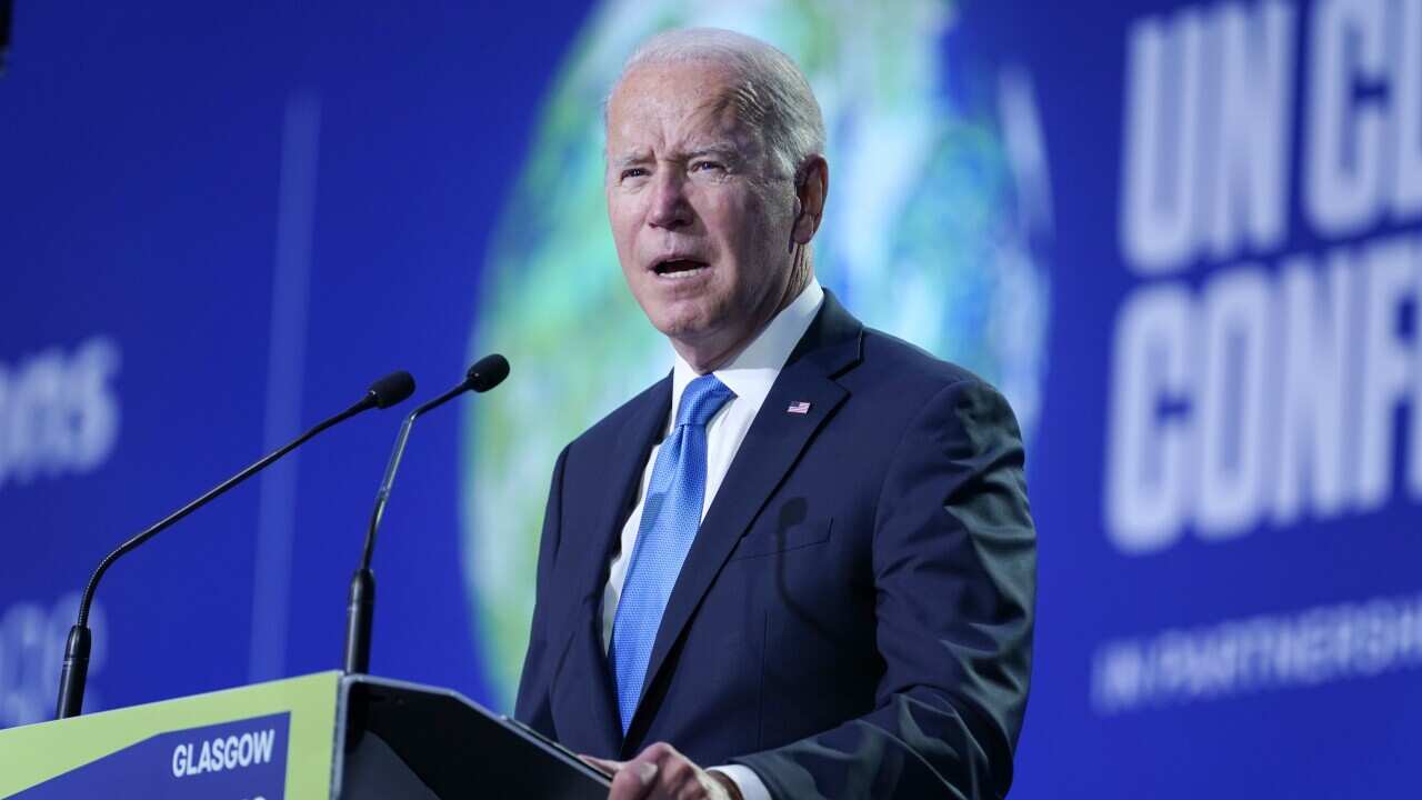 US President Joe Biden speaks during the COP26 UN Climate Summit, Tuesday, 2 November, 2021 in Glasgow, Scotland.
